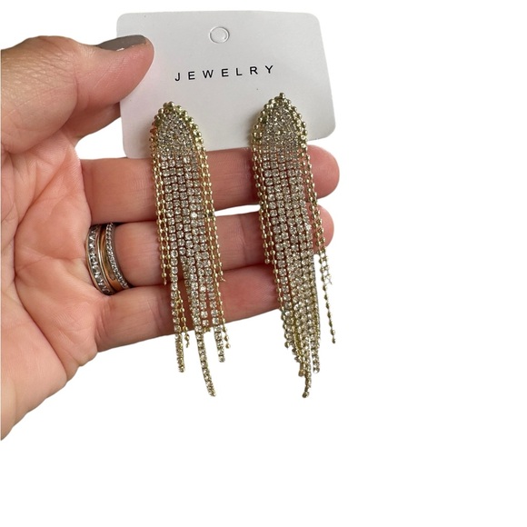 Gold and Rhinestone Long Tassled Earrings - Picture 3 of 3